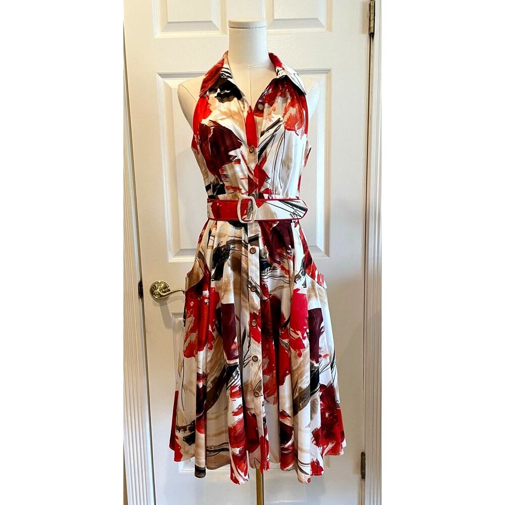 NWT ABS by Allen Schwartz Retro Rockabilly Floral Halter Dress Pockets Belted 6